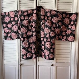 Funky embroidered pink/green peony print kimono-style jacket, one size fits most